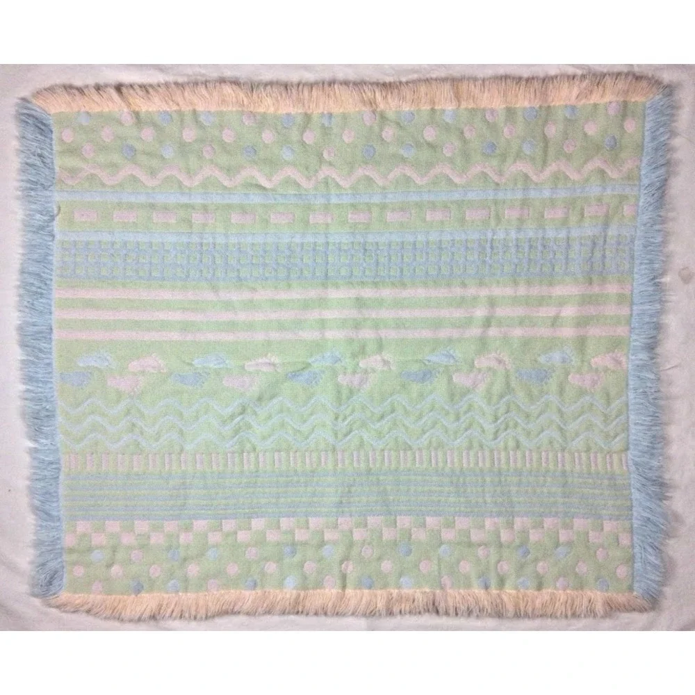 Vintage Pastel Woven Baby Throw Blanket Fringe Dots Foot Prints Feet Unisex